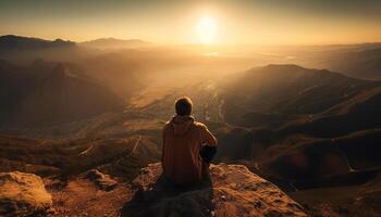 uno persona en pie en montaña cima, éxito generado por ai foto