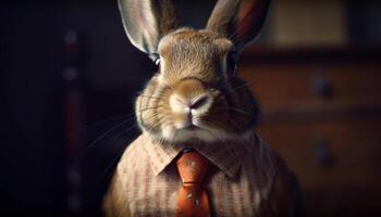 Cute bunny with fluffy fur looking confident indoors generated by AI photo