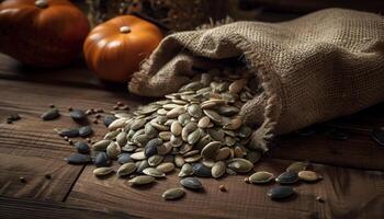 rústico otoño bocadillo calabaza semillas en arpillera generado por ai foto
