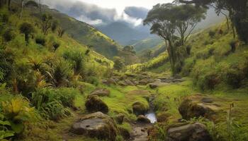 Serene mountain range towering over lush forest generated by AI photo