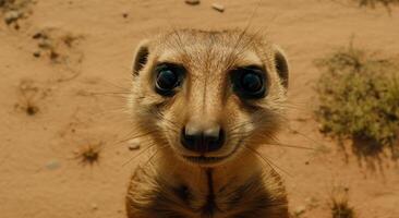 Cute meerkat staring alertly, wildlife in foreground generated by AI photo