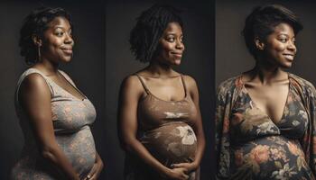embarazada africano mujer brillante con felicidad y anticipación generado por ai foto