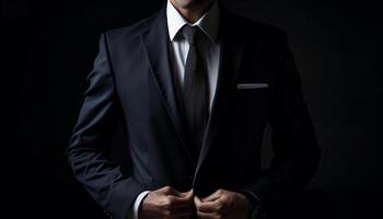 confidente empresario en negro traje exuda éxito generado por ai foto