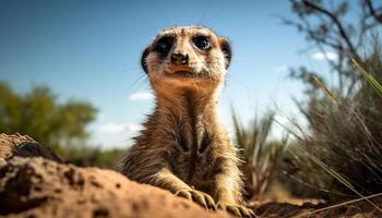 One meerkat sits alert, watching outdoors in Africa generated by AI photo