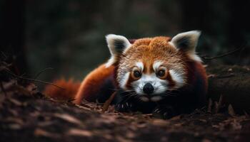 Fluffy red panda sitting on tree branch generated by AI photo