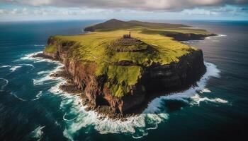 Majestic cliff, blue waves, remote natural beauty generated by AI photo