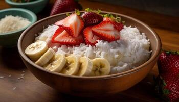 Fresh, organic summer berries in a rustic bowl generated by AI photo