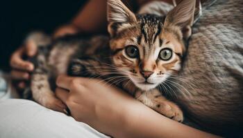 mullido gatito curioso cariñosamente a su humano amigo generado por ai foto