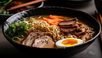 palillos sostener ramen tallarines en vegetal sopa generado por ai foto