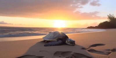 Tortuga en el playa a puesta de sol ai generado foto