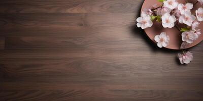 wooden table with cherry blossom photo