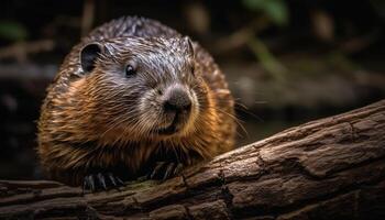 Fluffy beaver eating nutria in tranquil pond generated by AI photo