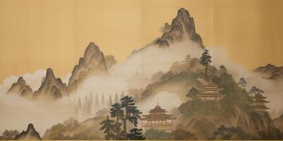 Painting of japanese temple on a mountain photo