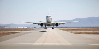 Plane on a runway with sky in the background photo