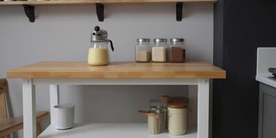 Wooden table in kitchen with shelf background photo