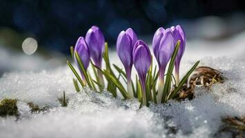 azafrán - floreciente púrpura flores haciendo su camino desde debajo el nieve en temprano primavera, de cerca con espacio para texto , generar ai foto