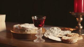 Adjarian khinkali and khachapuri with wine and sauce on a wooden table and stands, generate ai photo