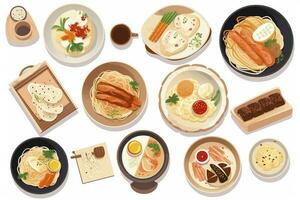 Pancakes with fresh fruits, donuts and coffee on a white background., generate ai photo