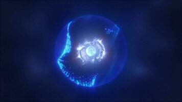abstrakt energi sfär med flygande lysande ljus blå partiklar, vetenskap trogen atom med elektroner hi-tech bakgrund video