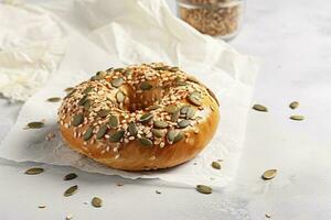 sabroso rosquilla con sésamo y calabaza semillas en ligero fondo, generar ai foto