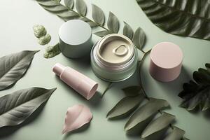 Eco friendly cosmetics decorated with green leaves, organic facial skincare, makeup and skin care cosmetic items. image. photo