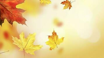 Autumn natural background with yellow and red maple leaves are flying and falling down, generate ai photo