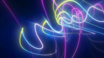 abstrakt blå och lila lysande neon energi laser rader flygande på en svart bakgrund, video 4k, 60 fps
