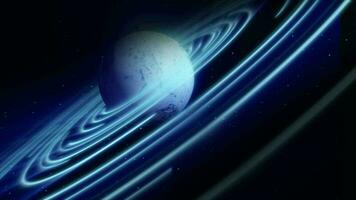 Abstract blue space planet with a round asteroid belt ring  futuristic hi-tech on the background of stars in open space video
