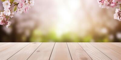 Empty wooden table with spring blur background photo