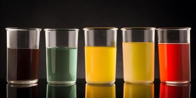 Row of beakers with different colors in it photo