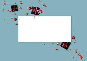 christmas gift card with red bow on blurred bright lights, template copy space photo