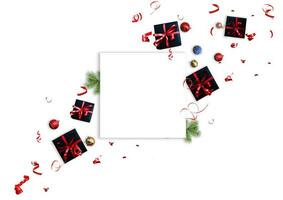 christmas gift card with red bow on blurred bright lights, template copy space photo