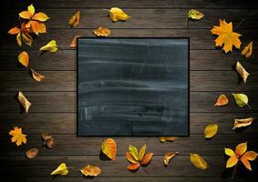 Autumn background with fall leaves. Black chalkboard in center with copy space for your text. Cozy Autumn Still Life. Back to School Concept. photo