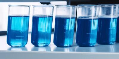 Row of beakers with blue liquid in them photo