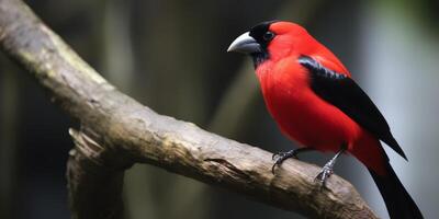 A red bird with a black beak and red feathers photo