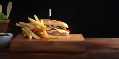 Sandwich with fries and sauce photo