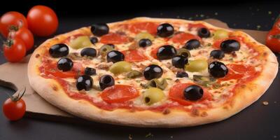 A pizza with tomatoes and olives photo