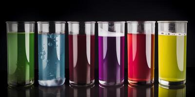 Row of beakers with different colors in it photo