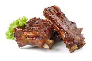 Delicious barbecued spare ribs. Tasty bbq meat, isolated on white background, generate ai photo