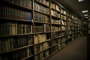 Library stacks of books and bookshelf. 3d illustration, generate ai photo
