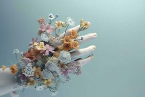 Human hand with flowers, pastel colors, on blue background, 3d render and illustration, generate ai photo