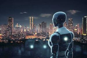Smart City with robot system artificial intelligence , Chat GPT chatbot AI , Chatting with a smart AI or artificial intelligence chatbot developed by OpenAI , Generate AI photo