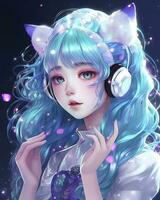 Beautiful anime girl, listening to lofi hip hop music with headphones, generate ai photo