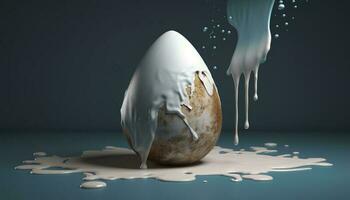 white egg with blue frosted world, in the style of drip painting, melting pots, mike campau, earth tone color palette, octane render, soggy, shaped canvas, generate ai photo