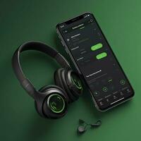 Mobile phone screen mockup, black headphones  Smartphone display mock up and head phones for listening music, audio, podcast app , generate ai photo