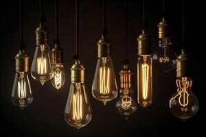 Decorative antique Edison style light bulbs, different shapes of retro lamps on dark background. Cafe or restaurant decoration details. Set of vintage glowing light bulbs, loft interior. . photo