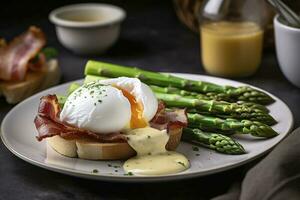 Benedict poached Duck egg with crispy bacon and fried asparagus on toasts for breakfast, generate ai photo
