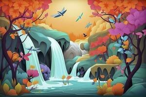 3d mural vistoso paisaje. flores rama multi colores con arboles y agua. cascada y volador aves. adecuado para impresión en lienzo, generar ai foto