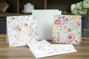 Create a set of watercolor floral patterned stationery that includes notecards, envelopes, and letterheads, generate ai photo