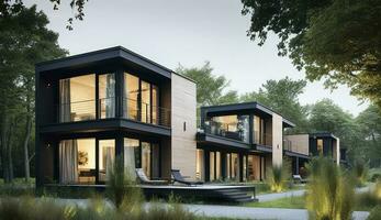 3d rendering of a large modern contemporary house in wood and concrete, generate ai photo
